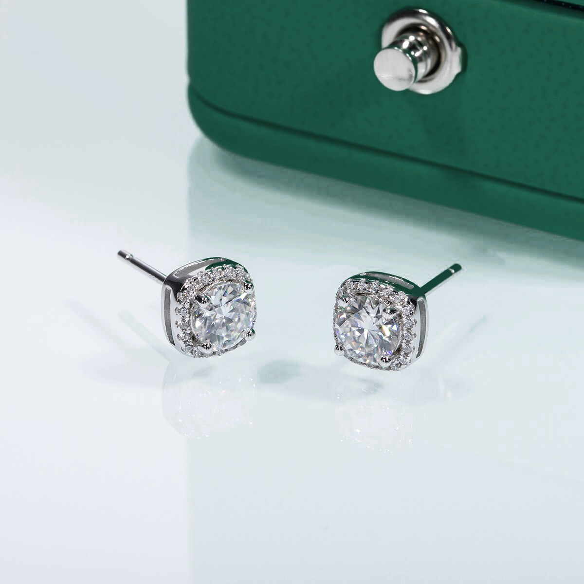 The Square - Round Brilliant Cut Moissanite Halo Earrings