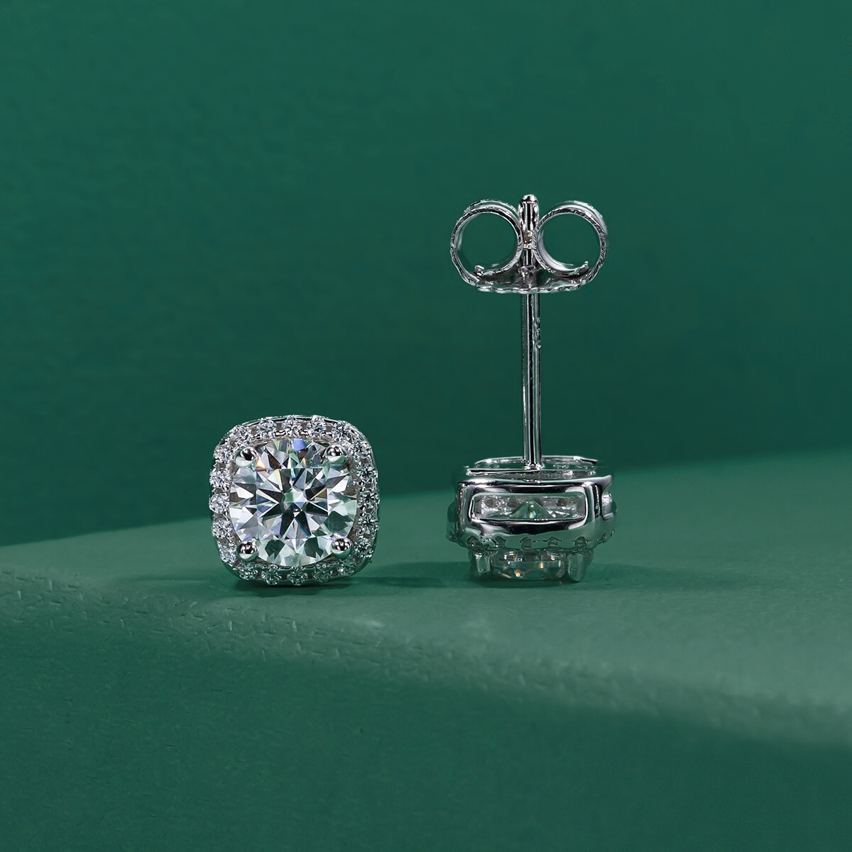 The Square - Round Brilliant Cut Moissanite Halo Earrings