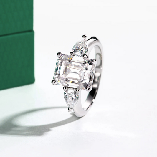 The Clarisse - Emerald & Pear Three-Stone Moissanite Ring