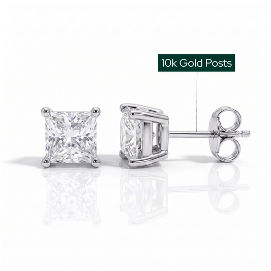 The Catherine - Princess Cut Moissanite Earrings with 10k Gold Posts