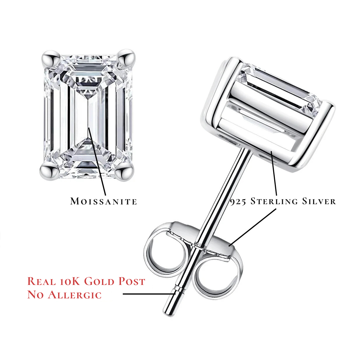 The Eden - Emerald Cut Moissanite Earrings with 10k Gold Posts