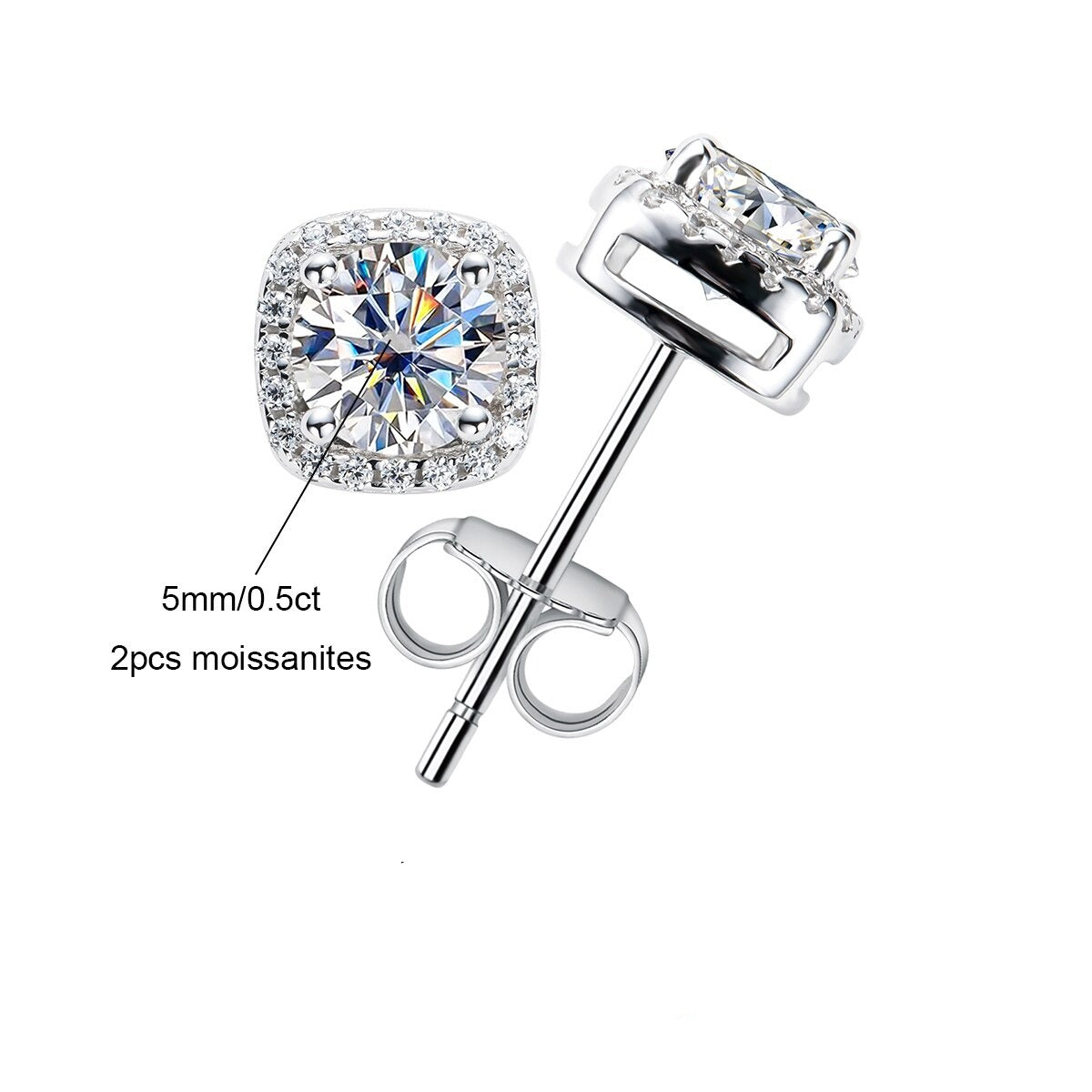 The Square - Round Brilliant Cut Moissanite Halo Earrings