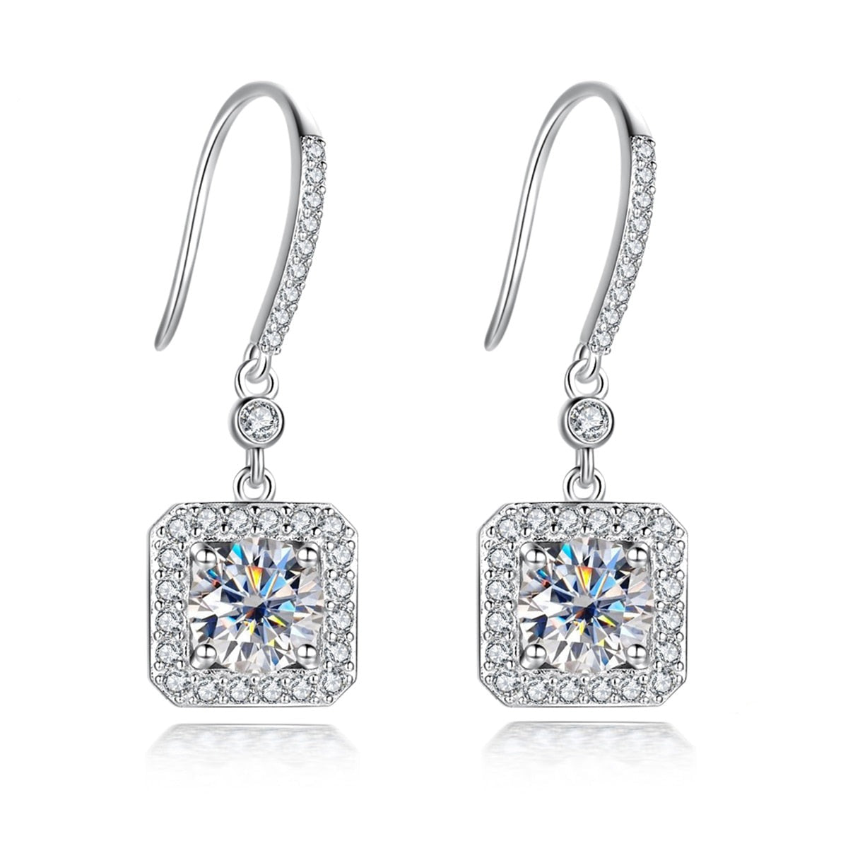 The Estelle – Square Halo Moissanite Drop Earrings