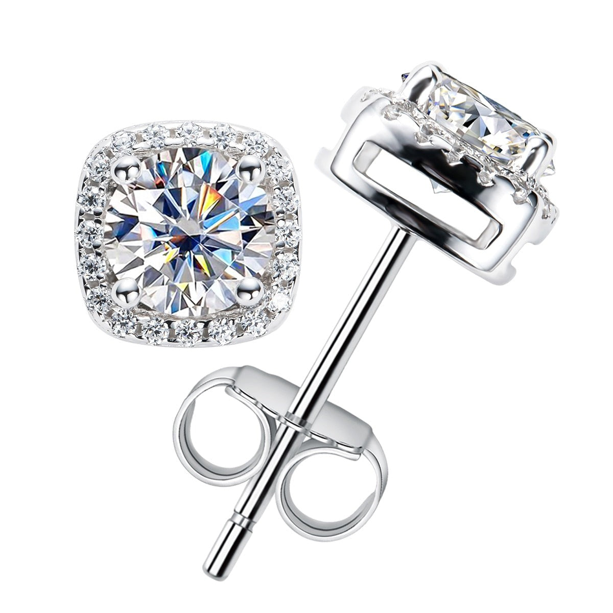 The Square - Round Brilliant Cut Moissanite Halo Earrings