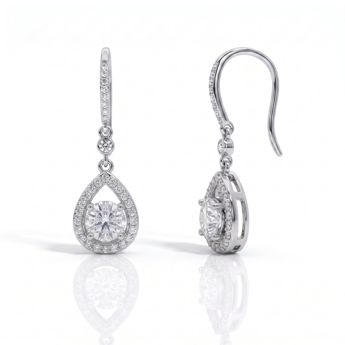 The Odélie – Pear Halo Moissanite Drop Earrings