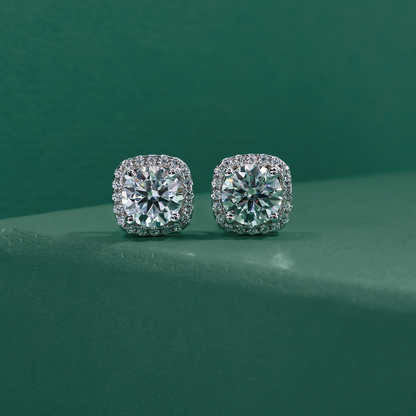 The Square - Round Brilliant Cut Moissanite Halo Earrings