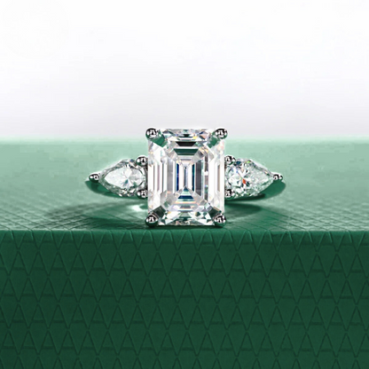 The Clarisse - Emerald & Pear Three-Stone Moissanite Ring