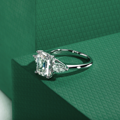 The Clarisse - Emerald & Pear Three-Stone Moissanite Ring