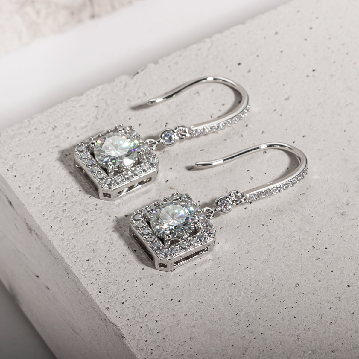The Estelle – Square Halo Moissanite Drop Earrings