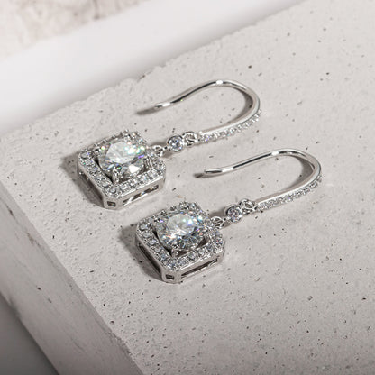 The Estelle – Square Halo Moissanite Drop Earrings