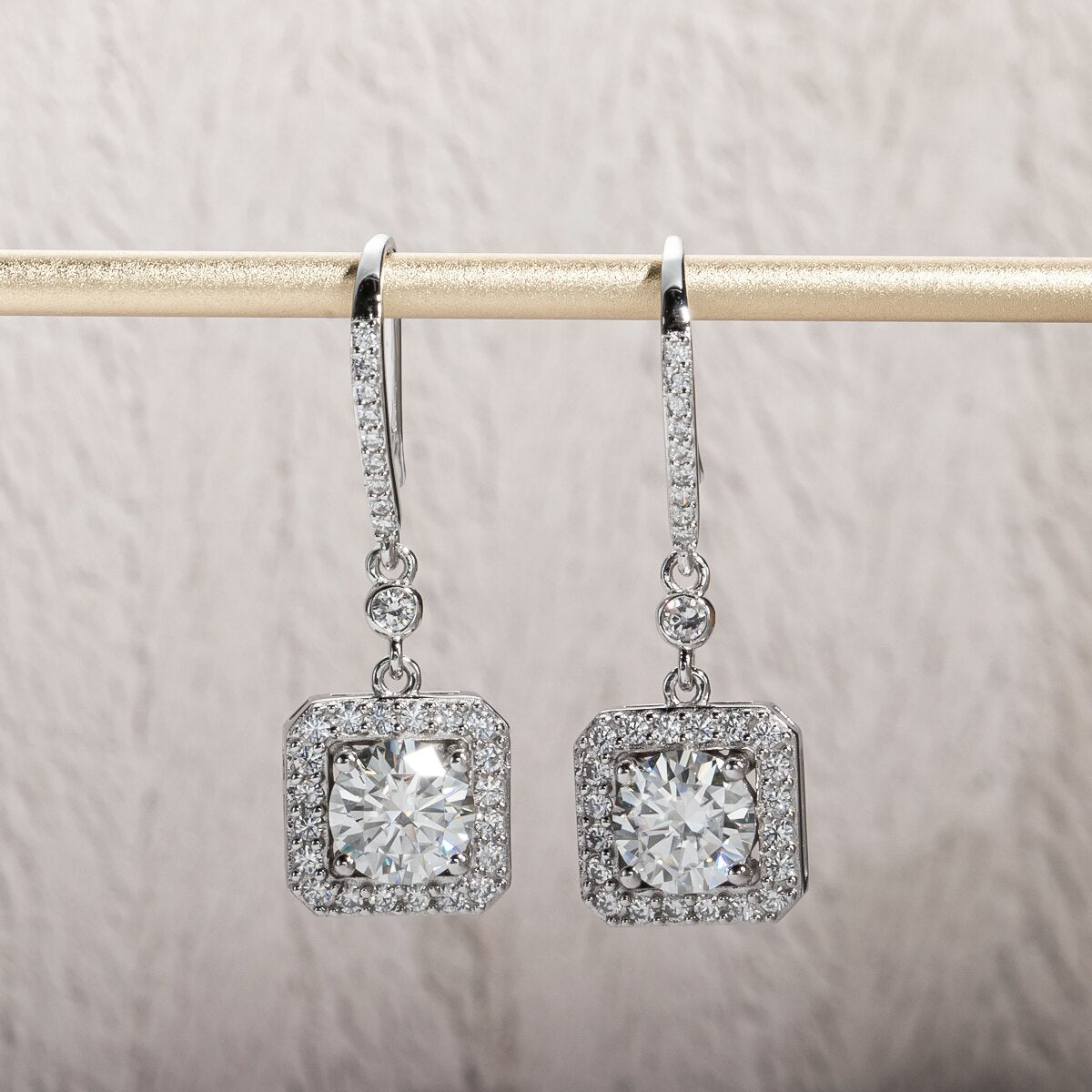 The Estelle – Square Halo Moissanite Drop Earrings