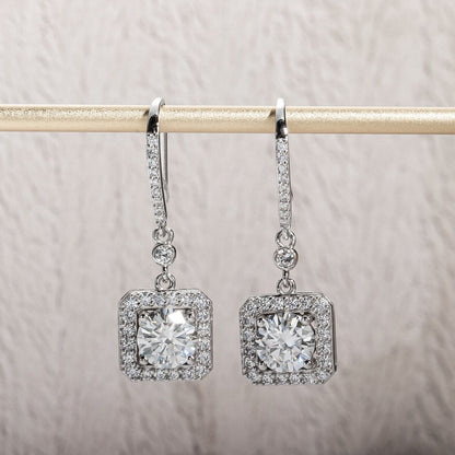 The Estelle – Square Halo Moissanite Drop Earrings