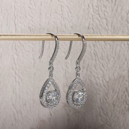 The Odélie – Pear Halo Moissanite Drop Earrings