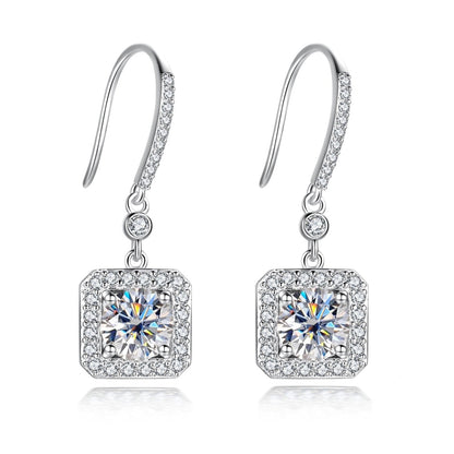 The Estelle – Square Halo Moissanite Drop Earrings