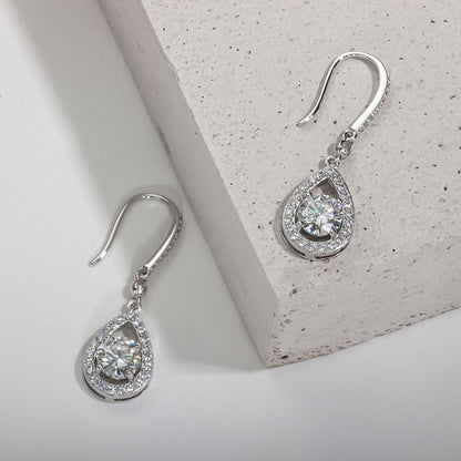 The Odélie – Pear Halo Moissanite Drop Earrings