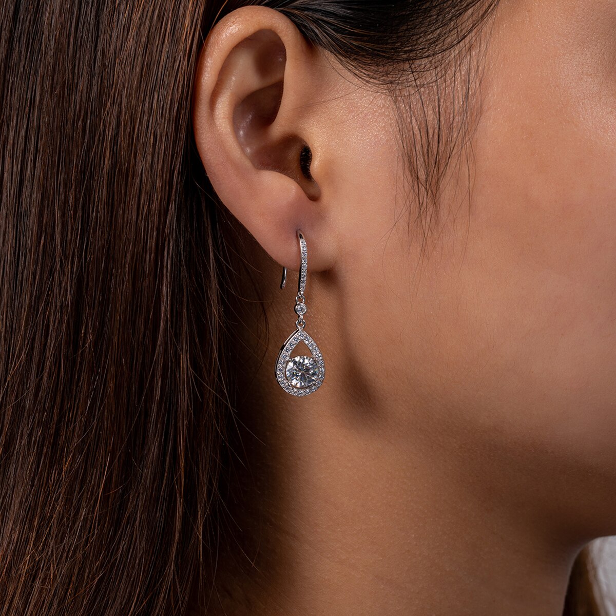 The Odélie – Pear Halo Moissanite Drop Earrings