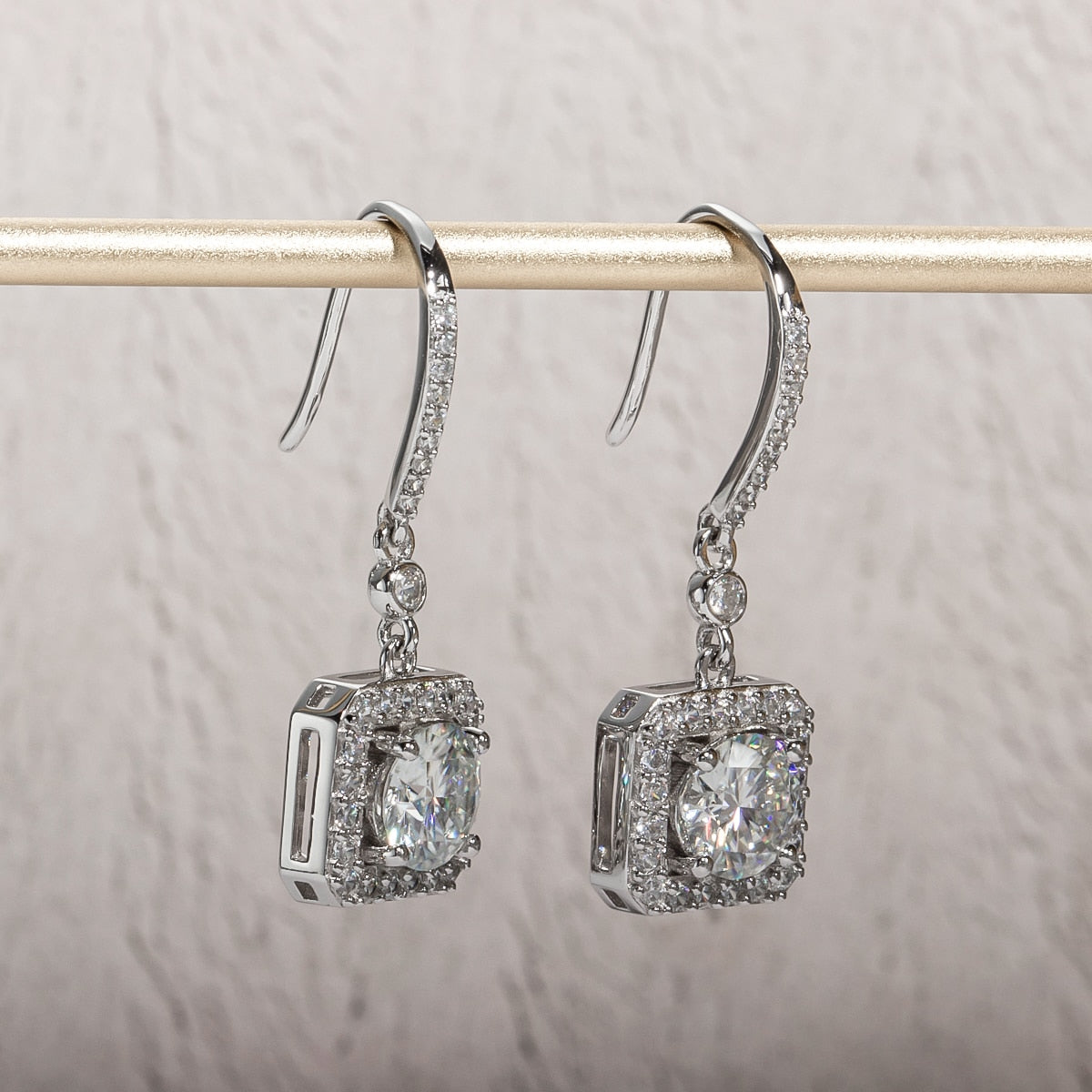 The Estelle – Square Halo Moissanite Drop Earrings