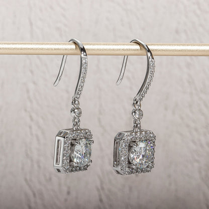 The Estelle – Square Halo Moissanite Drop Earrings