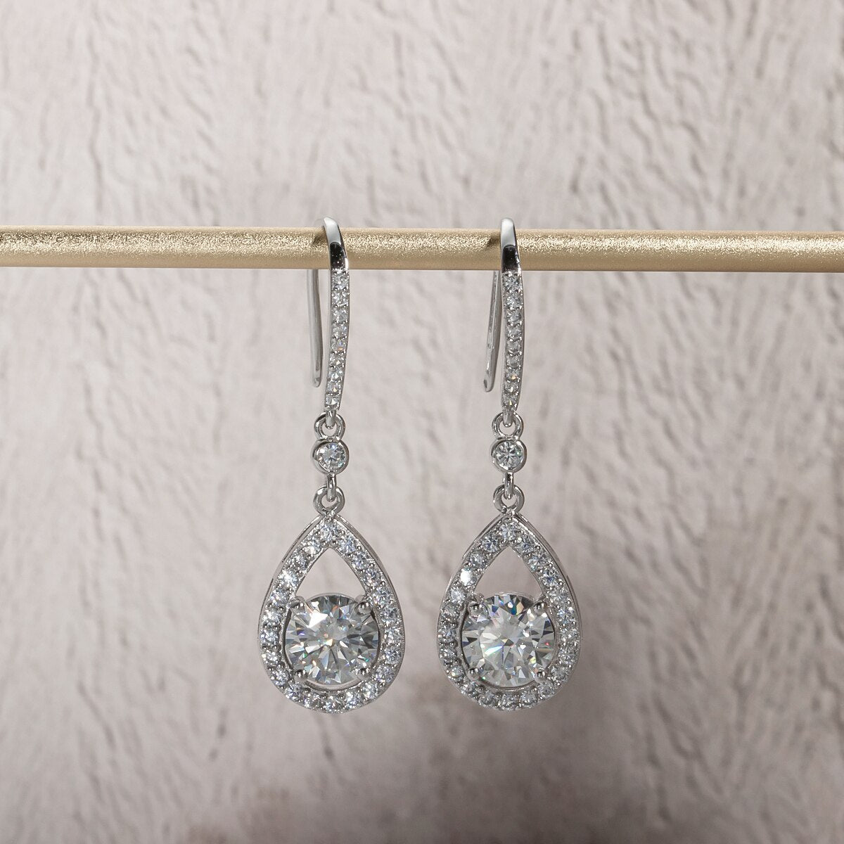 The Odélie – Pear Halo Moissanite Drop Earrings