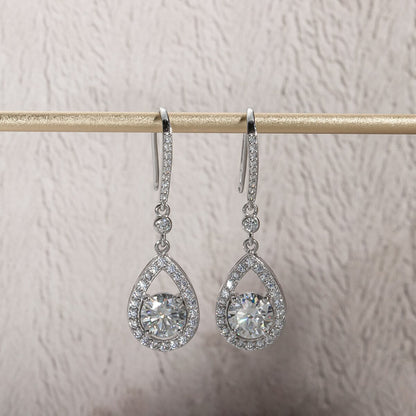 The Odélie – Pear Halo Moissanite Drop Earrings