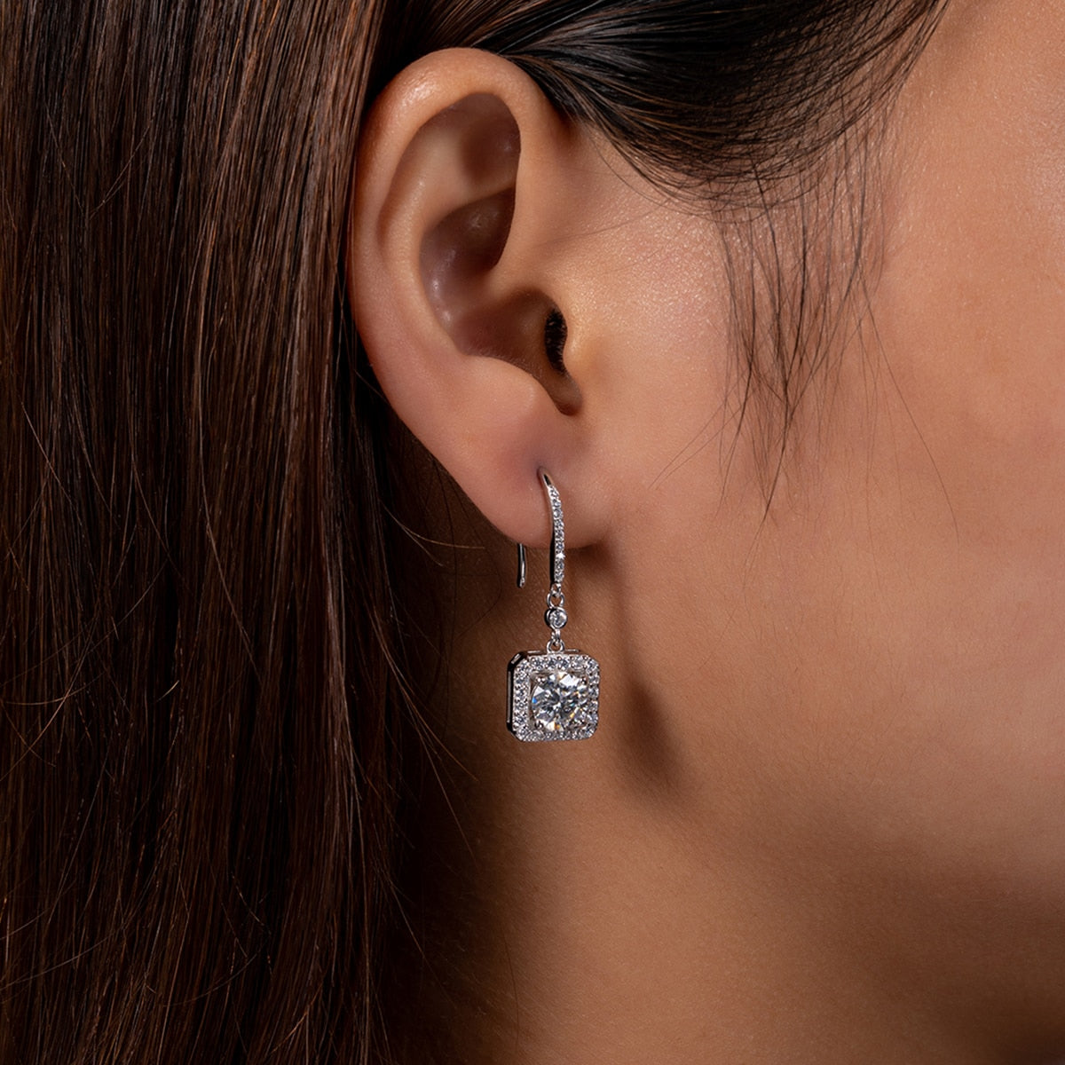 The Estelle – Square Halo Moissanite Drop Earrings