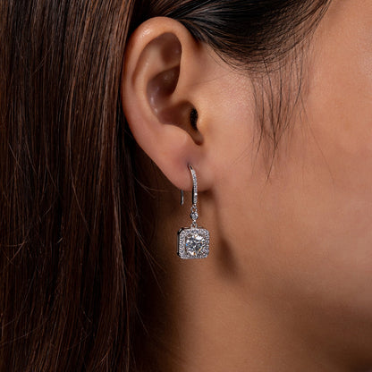 The Estelle – Square Halo Moissanite Drop Earrings