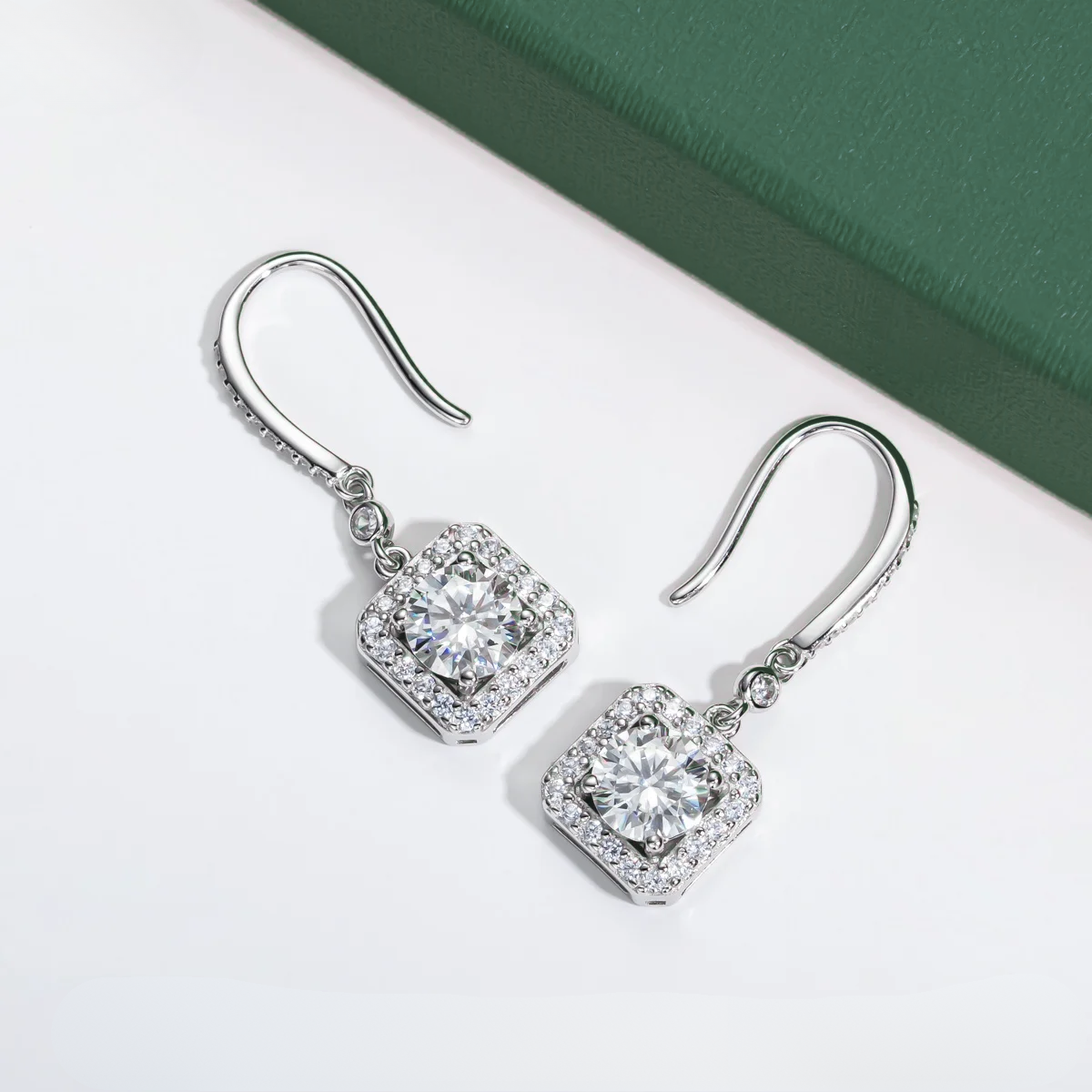 The Estelle – Square Halo Moissanite Drop Earrings