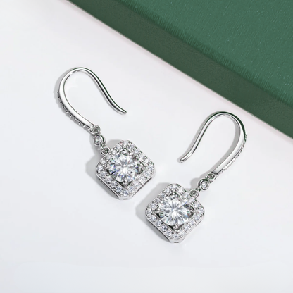 The Estelle – Square Halo Moissanite Drop Earrings