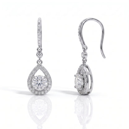 The Odélie – Pear Halo Moissanite Drop Earrings
