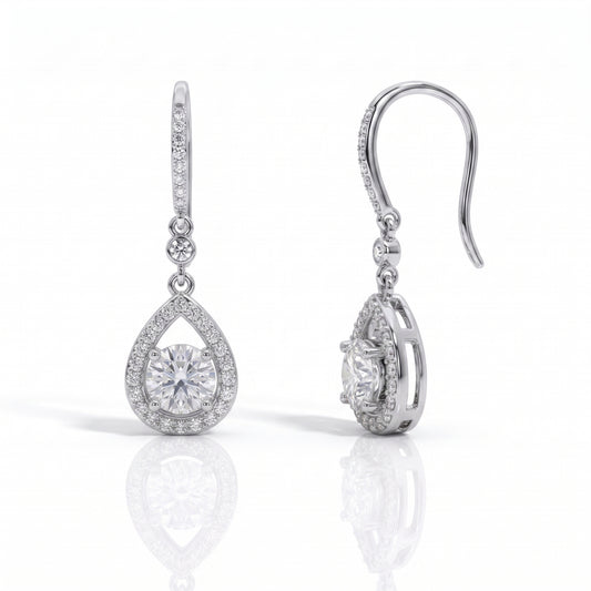 The Odélie – Pear Halo Moissanite Drop Earrings