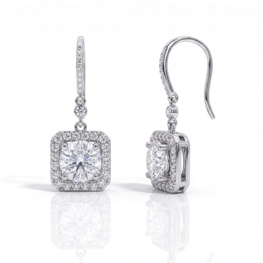 The Estelle – Square Halo Moissanite Drop Earrings