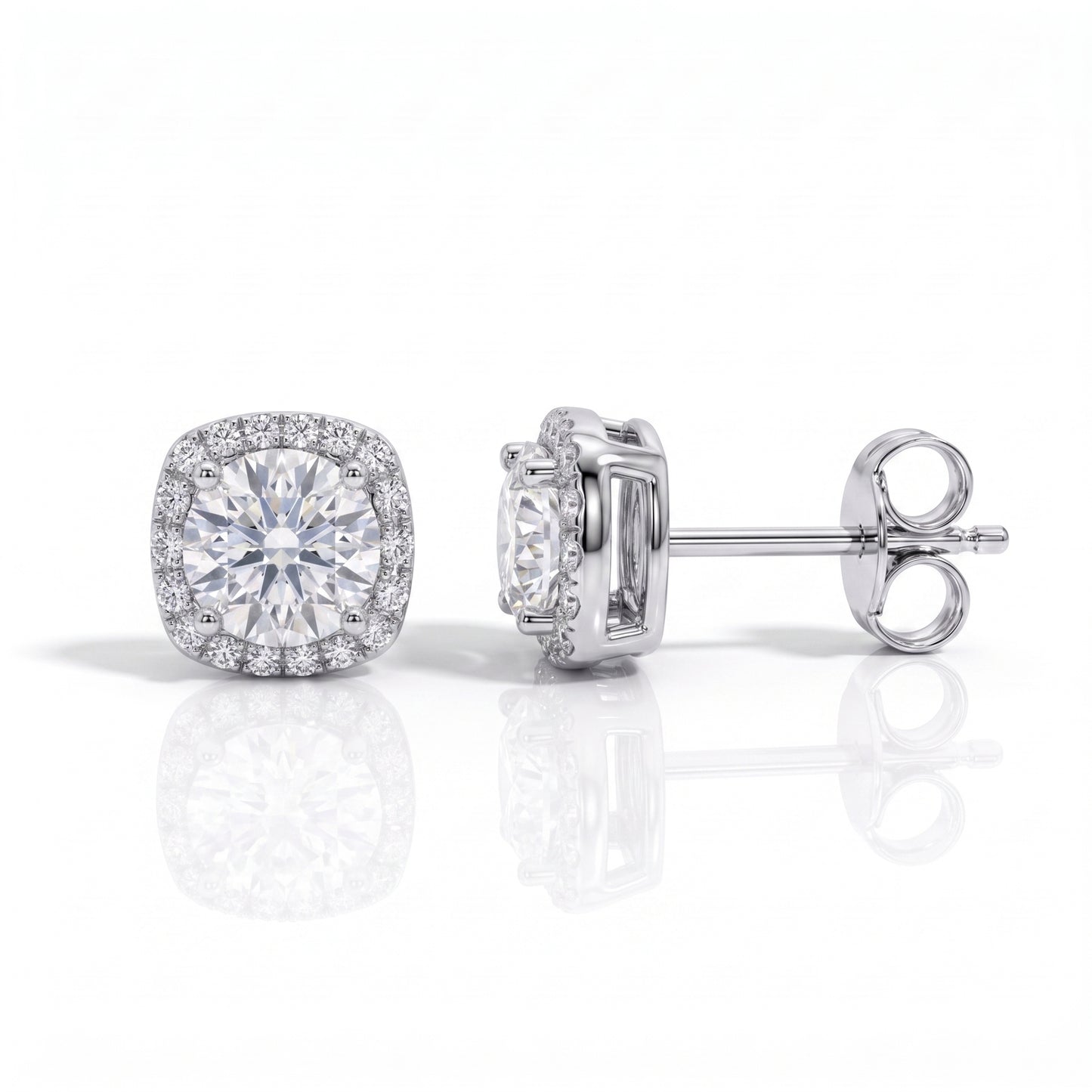 The Square - Round Brilliant Cut Moissanite Halo Earrings