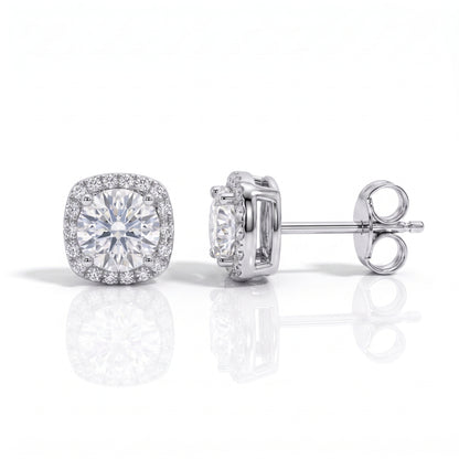 The Square - Round Brilliant Cut Moissanite Halo Earrings