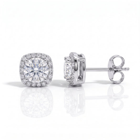 The Square - Round Brilliant Cut Moissanite Halo Earrings