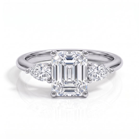 The Clarisse - Emerald & Pear Three-Stone Moissanite Ring