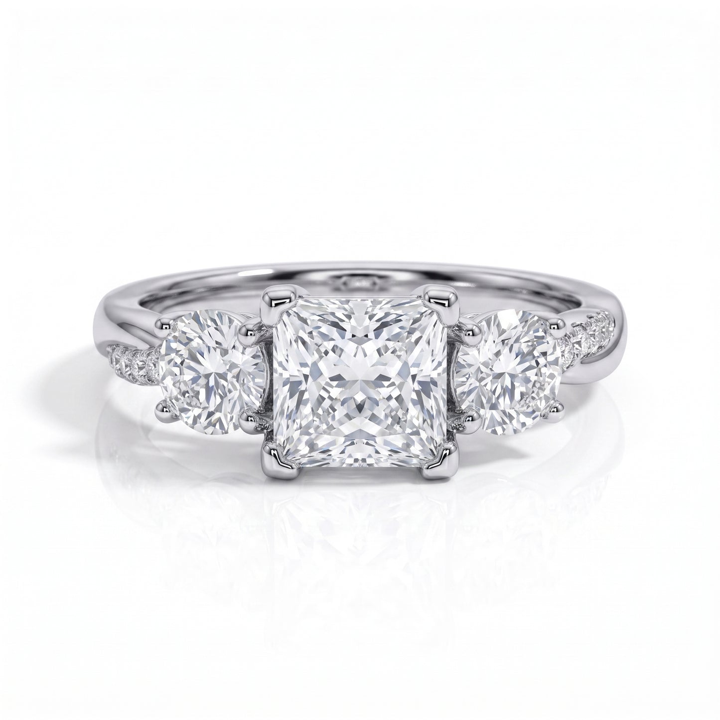 The Elysian – Princess & Round Brilliant Three-Stone Moissanite Ring