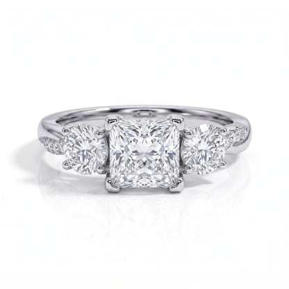 The Elysian – Princess & Round Brilliant Three-Stone Moissanite Ring