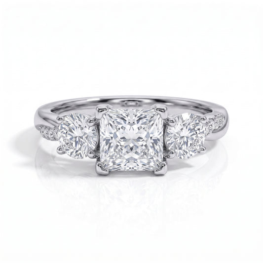The Elysian – Princess & Round Brilliant Three-Stone Moissanite Ring